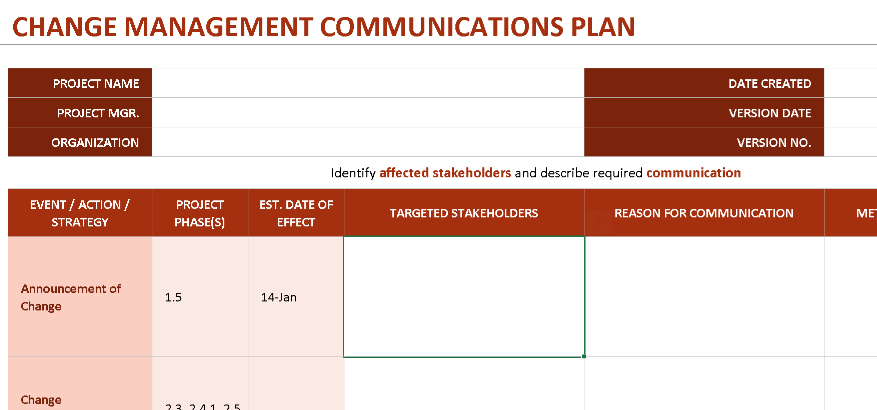 📣 Change Management Communications Plan – Excel ⭐️⭐️⭐️⭐️⭐️