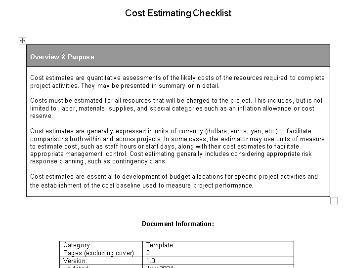 Cost Estimate Checklist – Word  ⭐️⭐️⭐️⭐️⭐️