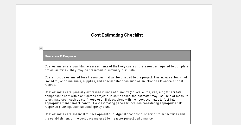 📄 COST ESTIMATE CHECKLIST – WORD ⭐️⭐️⭐️⭐️⭐️