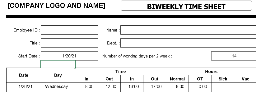 Biweekly Time Sheet – Excel ⭐⭐⭐⭐⭐