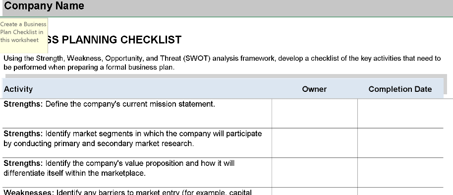 Business Plan Checklist – Excel ⭐⭐⭐⭐⭐