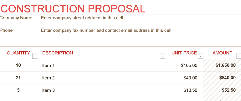 Construction Proposal – Excel ⭐⭐⭐⭐⭐