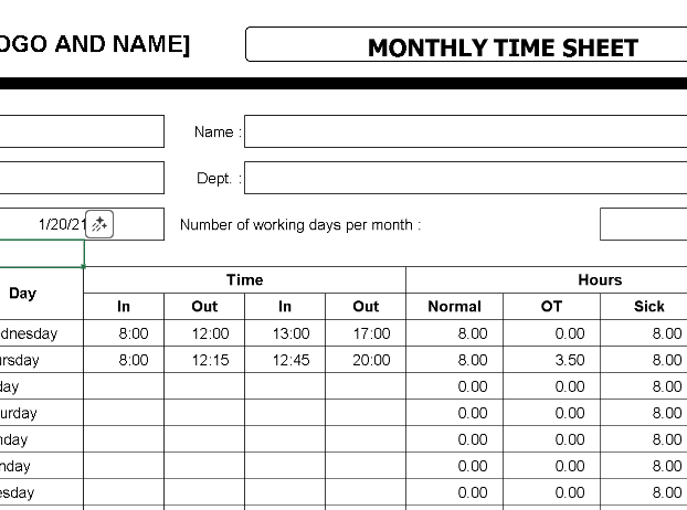 Monthly Time Sheet – Excel ⭐⭐⭐⭐⭐