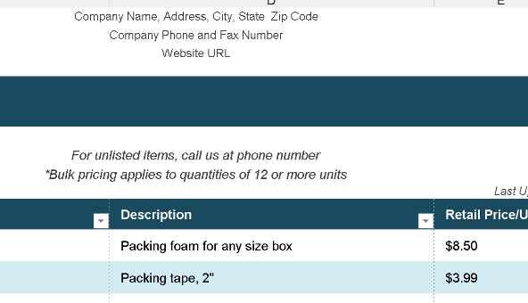 Product Price List – Excel ⭐⭐⭐⭐⭐