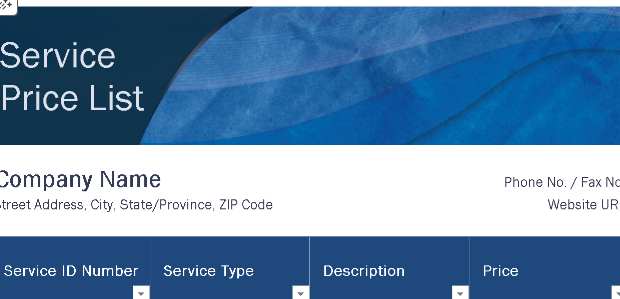 Service Price List – Excel ⭐⭐⭐⭐⭐