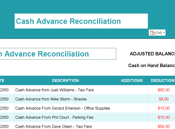 CASH ADVANCE RECONCILIATION TEMPLATE (EXCEL) ⭐️⭐️⭐️⭐️⭐️