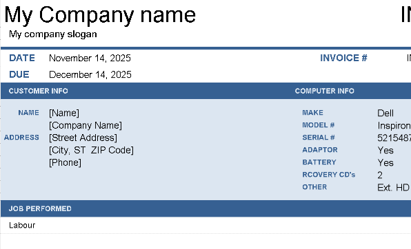 🧾 COMPUTER REPAIR INVOICE TEMPLATE (EXCEL) ⭐️⭐️⭐️⭐️⭐️
