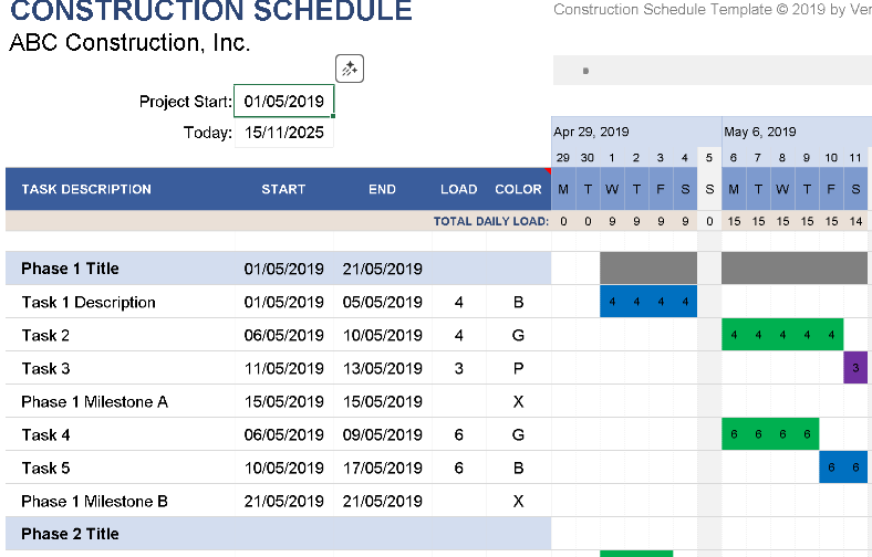 📅 CONSTRUCTION SCHEDULE TEMPLATE (DAILY GANTT) (EXCEL) ⭐️⭐️⭐️⭐️⭐️