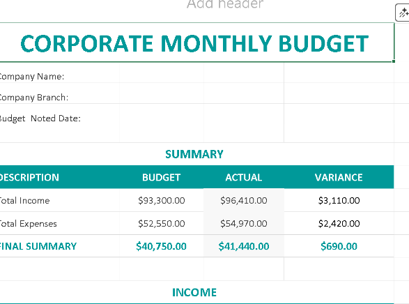 📆 CORPORATE MONTHLY BUDGET TEMPLATE (A4, EXCEL) ⭐️⭐️⭐️⭐️⭐️