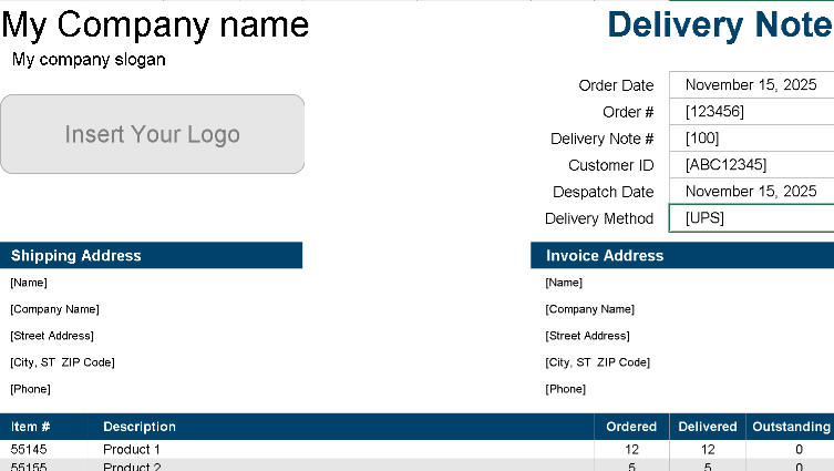 📦 DELIVERY NOTE TEMPLATE (EXCEL) ⭐️⭐️⭐️⭐️⭐️