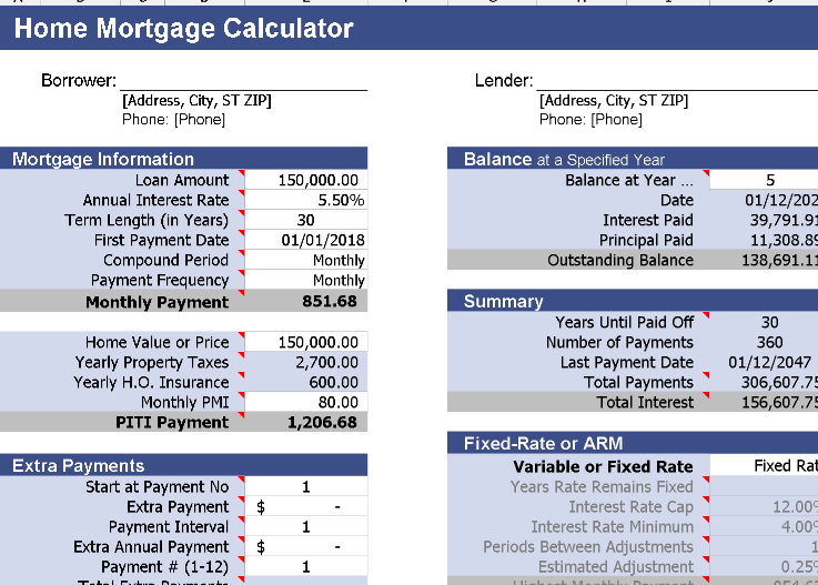 📊 HOME MORTGAGE CALCULATOR — INCLUDES CHART Excel Template ⭐⭐⭐⭐⭐