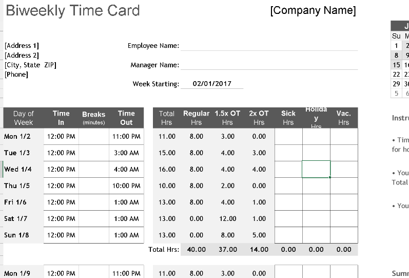 📊 TIME CARD CALCULATOR (BIWEEKLY) — INCLUDES CHART Excel Template ⭐⭐⭐⭐⭐
