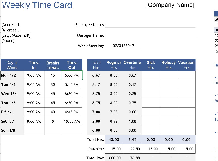 📊 TIME CARD CALCULATOR (WEEKLY) — INCLUDES CHART Excel Template ⭐⭐⭐⭐⭐