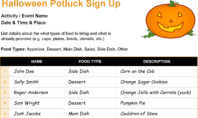 📊 HALLOWEEN POTLUCK SIGN-UP SHEET Excel Template ⭐⭐⭐⭐⭐