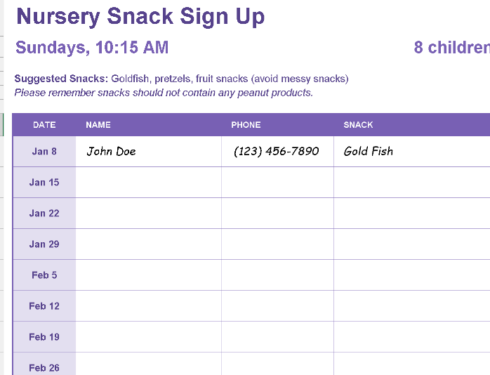 📊 NURSERY SNACK SIGN-UP SHEET Excel Template ⭐⭐⭐⭐⭐