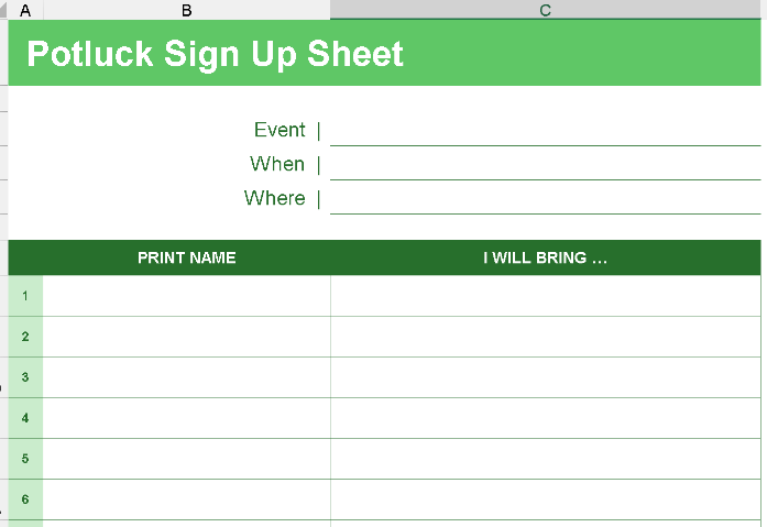 📊 POTLUCK SIGN-UP SHEET (PRINTABLE) Excel Template ⭐⭐⭐⭐⭐
