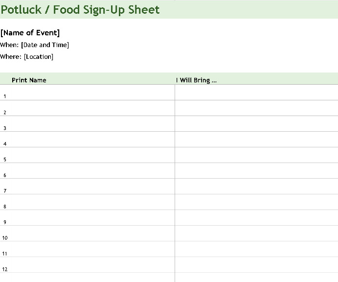 📊 POTLUCK / FOOD SIGN-UP SHEET Excel Template ⭐⭐⭐⭐⭐
